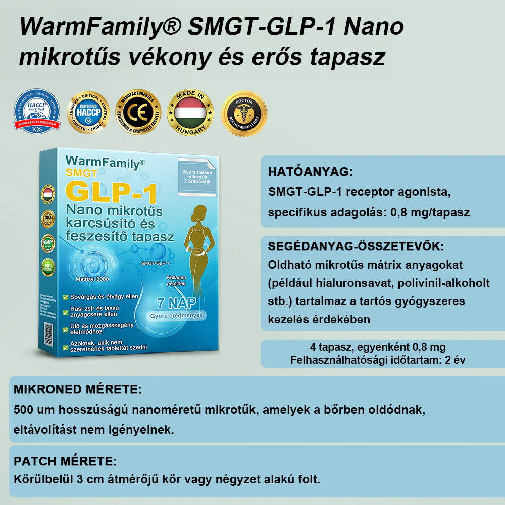 WarmFamily® SMGT-GLP-1 Nano Mikrotű Tapasz Kollagénnel és Matrixyl 3000-rel ✅ | Klinikailag bizonyított hatás fogyásra, szív- és érrendszeri egészségre, cukorbetegségre és egyéb egészségügyi problémákra, orvosok által ajánlott 👨‍⚕️