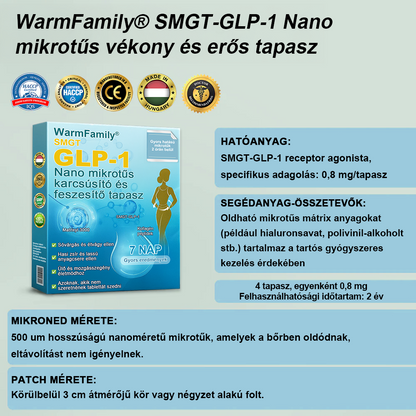 WarmFamily® SMGT-GLP-1 Nano Mikrotű Tapasz Kollagénnel és Matrixyl 3000-rel ✅ | Klinikailag bizonyított hatás fogyásra, szív- és érrendszeri egészségre, cukorbetegségre és egyéb egészségügyi problémákra, orvosok által ajánlott 👨‍⚕️