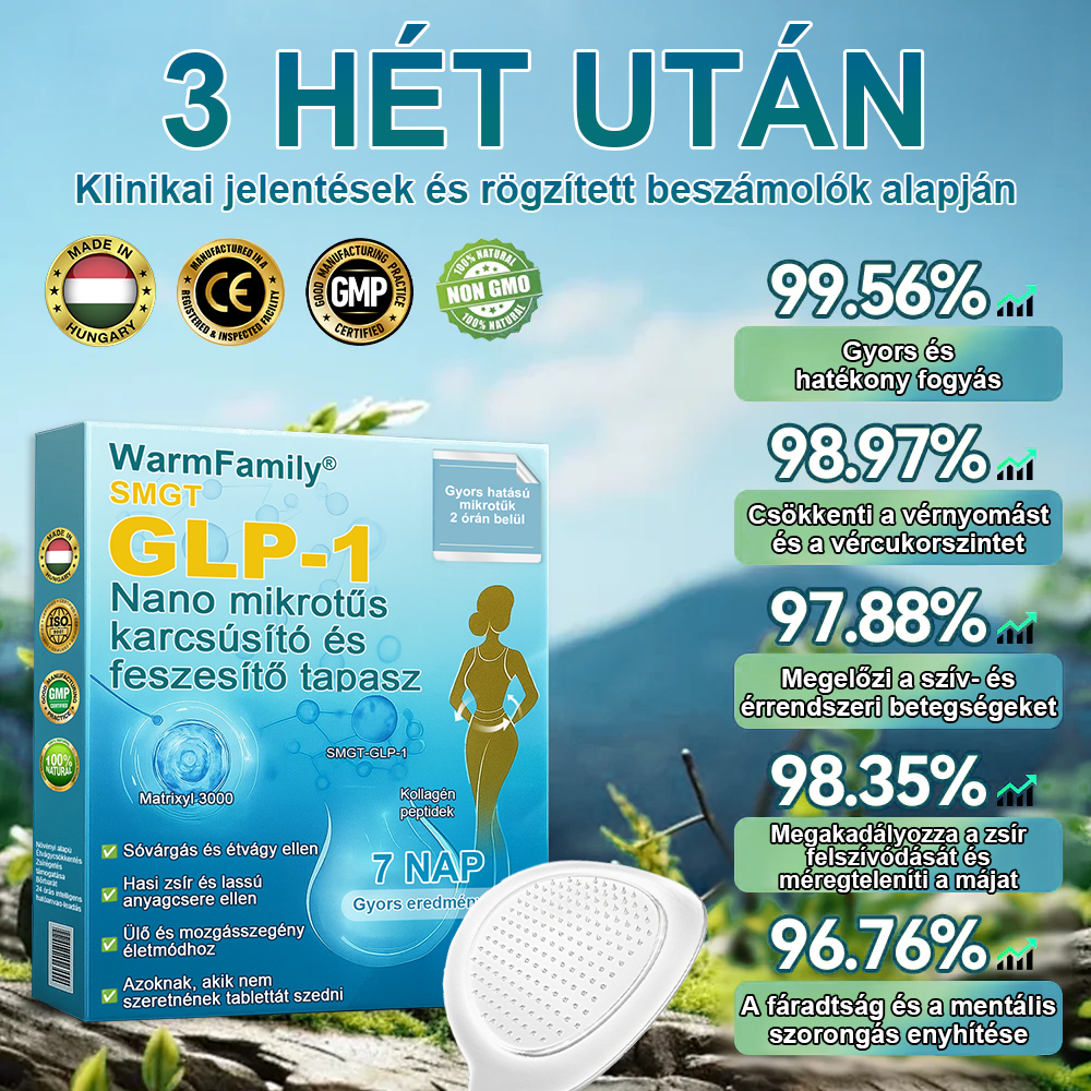 WarmFamily® SMGT-GLP-1 Nano Mikrotű Tapasz Kollagénnel és Matrixyl 3000-rel ✅ | Klinikailag bizonyított hatás fogyásra, szív- és érrendszeri egészségre, cukorbetegségre és egyéb egészségügyi problémákra, orvosok által ajánlott 👨‍⚕️